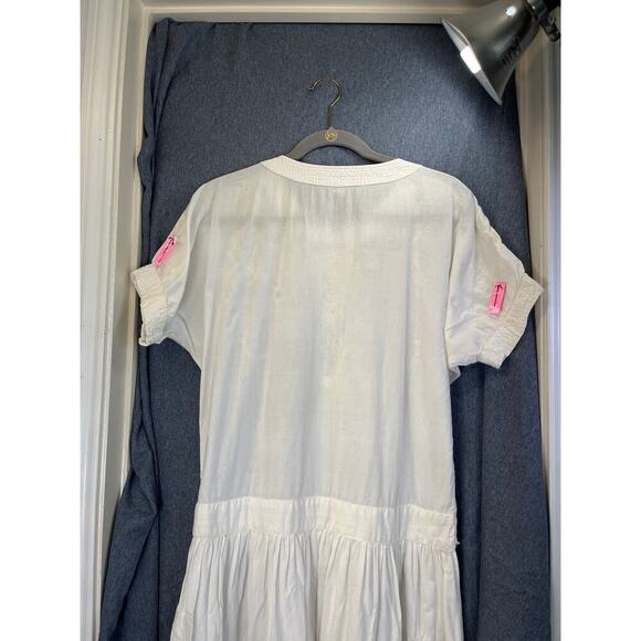 Womens White L/XL Short Sleeves Embroidery Tie Waist Prairie/BOHO Dress FLAWS - Picture 4 of 9